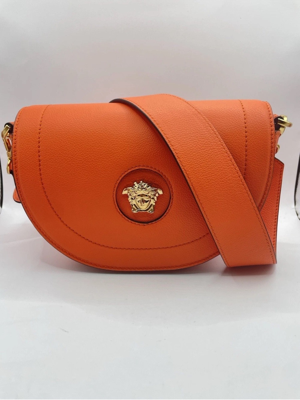 Versace Orange Pebbled Leather Crossbody Bag with Medusa - Picture 8 of 13